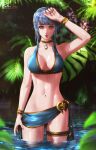  1girl alternate_costume bare_arms bikini blue_bikini blue_hair blurry blurry_background blurry_foreground bracelet braid breasts cleavage cowboy_shot crown_braid esther_shen fire_emblem fire_emblem:_three_houses gem groin jewelry looking_at_viewer marianne_von_edmund medium_breasts navel sarong shiny shiny_skin short_hair_with_long_locks sidelocks signature solo standing swimsuit thighlet wading 