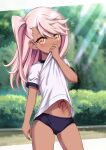  1girl absurdres ass_visible_through_thighs blue_buruma brown_eyes buruma chloe_von_einzbern clothes_lift covering_mouth dark-skinned_female dark_skin fate/kaleid_liner_prisma_illya fate_(series) gym_uniform highres lifted_by_self long_hair morokoshi_(tekku) navel one_side_up outdoors pink_hair shirt shirt_lift short_sleeves solo stomach_tattoo sweat tattoo thighs white_shirt 