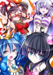 4girls animal_ears bangs bare_shoulders black_hair blue_eyes blue_hair blue_ribbon bombergirl bow bowtie breasts brooch closed_mouth crossed_bangs domino_mask drill_hair fang frown fuse grin hair_between_eyes heterochromia jewelry kuro_(bombergirl) large_breasts lewisia_aquablue lit_fuse mask medium_breasts mouse_ears multicolored_hair multiple_girls omochishiki one_eye_closed one_side_up open_mouth orange_eyes papuru_(bombergirl) pink_bow pink_bowtie pink_eyes purple_hair red_mask ribbon round_teeth scarf sleeveless smile strapless teeth tiara twintails two-tone_hair urushi_(bombergirl) white_hair wrist_cuffs yellow_eyes 