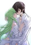  absurdres after_kiss bangs black_hair c.c. closed_eyes code_geass collarbone collared_shirt couple dress_shirt floating_hair green_hair hair_between_eyes hetero highres lelouch_lamperouge long_hair long_sleeves naked_shirt okuseric open_clothes open_shirt purple_eyes shirt short_hair straight_hair very_long_hair white_shirt wing_collar 