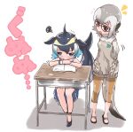  2girls bare_shoulders black_footwear black_hair blonde_hair blowhole blue_dress blue_eyes blue_hair blush book brown_eyes brown_pants capri_pants cetacean_tail common_dolphin_(kemono_friends) desk dolphin_girl dorsal_fin dress frilled_dress frills glasses grey_hair grey_pants grey_sweater kemono_friends kemono_friends_3 long_sleeves meerkat_(kemono_friends) meerkat_ears meerkat_tail multicolored_hair multiple_girls pants pleated_dress sailor_collar sailor_dress sandals sarutori short_hair sitting sleeveless sweater translation_request turtleneck turtleneck_sweater two-tone_hair two-tone_pants two-tone_sweater white_hair wristband 