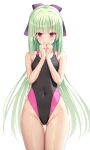  1girl absurdres black_one-piece_swimsuit bow competition_swimsuit covered_navel cowboy_shot flat_chest green_hair hair_bow highleg highleg_swimsuit highres long_hair looking_at_viewer murasame_(senren) ncontrail_(mgax7527) one-piece_swimsuit own_hands_clasped own_hands_together purple_bow red_eyes senren_banka simple_background solo swimsuit thigh_gap two-tone_swimsuit white_background 