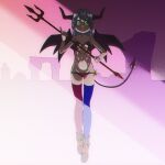  1girl demon_horns demon_tail demon_wings full_body grey_hair groin halloween_costume highres holding holding_pitchfork horns kaien_advance long_hair looking_at_viewer multicolored_clothes navel pitchfork relia_(star_ocean) solo star_ocean star_ocean_anamnesis star_ocean_integrity_and_faithlessness tail thighhighs wings 