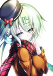  1girl android black_headwear blue_eyes bombergirl bow braid bright_pupils closed_mouth emera_(bombergirl) eyes_visible_through_hair hand_up hat hat_bow light_green_hair long_hair long_sleeves omochishiki plaid plaid_scarf red_bow robot_ears scarf solo white_pupils 