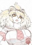  1girl animal_ears artist_logo bangs big_hair blonde_hair breast_pocket breasts brown_eyes fangs fur_collar hair_between_eyes kemono_friends kishida_shiki large_breasts lion_(kemono_friends) lion_ears multicolored_hair muted_color necktie open_mouth plaid_necktie plaid_sleeves plaid_trim pocket shirt short_sleeves simple_background solo taut_clothes taut_shirt upper_body white_background white_hair white_shirt 
