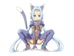  1girl animal_ears blue_hair blush_stickers cat_ears cat_tail feet fingerless_gloves full_body gloves green_eyes hands_on_feet kaien_advance long_hair looking_at_viewer low_twintails meracle_chamlotte navel simple_background smile solo star_ocean star_ocean_the_last_hope tail thighhighs twintails underwear white_background 