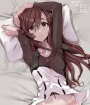  1girl 2022 arm_up bangs bed_sheet black_shirt brown_eyes brown_hair closed_mouth collarbone evangelion:_3.0+1.0_thrice_upon_a_time frown hair_between_eyes highres long_hair looking_at_viewer lying midriff navel neon_genesis_evangelion on_back panties pillow pink_panties rebuild_of_evangelion shiny shiny_hair shirt solo stomach straight_hair suzuhara_sakura underwear upper_body yagisawa_teru 