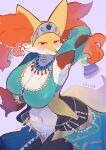  2022 anthro big_breasts biped blush breasts dancer_outfit delphox female generation_6_pokemon hand_behind_head hi_res inner_ear_fluff looking_at_viewer navel nintendo pokemon pokemon_(species) pokemon_unite smile smiling_at_viewer solo tuft ukenya video_games 