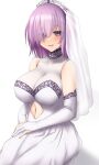  1girl clothing_cutout dress elbow_gloves eyes_visible_through_hair fate/grand_order fate_(series) gloves gown hair_over_one_eye highres looking_at_viewer mash_kyrielight navel navel_cutout open_mouth purple_eyes purple_hair sawatarou_(roto) sitting smile solo wedding_dress white_background white_gloves 