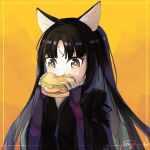  1girl animal_ears arknights artist_name bangs black_hair black_kimono burger commentary_request dog_ears eating facial_mark fieryphoenix fingerless_gloves food forehead_mark gloves hands_up highres holding holding_food japanese_clothes kimono long_hair looking_at_viewer purple_gloves saga_(arknights) signature solo upper_body very_long_hair yellow_background yellow_eyes 