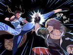  1boy 1girl blonde_hair brown_hair chun-li cleavage_cutout clothing_cutout dog_tags evo_moment_#37 fingerless_gloves gloves hair_ribbon highres ken_masters kicking leggings parrying ribbon street_fighter street_fighter_6 tina_fate wrist_cuffs 