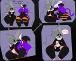 anthro begging bulge candy chocolate chocolate_bar clothing collar comic demon dessert dialogue duo english_text exclamation_point food halloween hat headgear headwear hi_res holidays horn lagomorph legwear leporid male male/male mammal nonbinary_(lore) nonbinary_bunny orio_(nonbinary_bunny) purple_body rabbit speech_bubble spiked_collar spikes stultus_(character) text thick_thighs thigh_highs tights white_eyes witch_hat 
