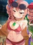  1girl abs bikini drill_hair earrings eyewear_on_head highres jewelry kedama_(ughugjydthjdf) money muscular muscular_female necklace orange_eyes pendant ribbon sunglasses swimsuit toned touhou twin_drills yorigami_jo&#039;on 