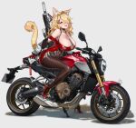  1girl absurdres animal_ears assault_rifle blonde_hair breasts cat_ears cat_girl cat_tail cleavage commentary dress english_commentary fishnets gloves grey_background grey_jacket ground_vehicle gun hair_over_one_eye high_heels highres honda jacket kare_huang large_breasts motor_vehicle motorcycle off-shoulder_dress off_shoulder original red_dress red_eyes red_gloves rifle tail weapon 