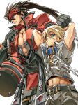  2boys abs bag blonde_hair blue_eyes brown_hair collar dong_hole duffel_bag eyepatch gloves guilty_gear guilty_gear_2 headband highres jacket long_hair multiple_boys navel open_clothes open_jacket ponytail red_eyes simple_background sin_kiske sol_badguy white_background 