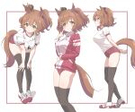  1girl absurdres animal_ears aston_machan_(umamusume) bent_over black_thighhighs blush breasts brown_hair buruma closed_mouth commentary_request crown gym_shirt gym_uniform hair_between_eyes highres horse_ears horse_girl horse_tail jacket large_breasts mini_crown multiple_views parted_lips red_buruma red_jacket shirt short_hair simple_background sincos skindentation smile standing tail thighhighs thighs tracen_training_uniform track_jacket umamusume white_background yellow_eyes 