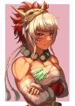  1girl aduti_momoyama bandaged_arm bandages bandeau bangs bare_shoulders bead_necklace beads border chest_sarashi clothes_writing commentary_request crossed_arms facial_mark fire_emblem fire_emblem_fates grin highres jewelry looking_at_viewer mask mask_on_head milestone_celebration muscular necklace outside_border pink_background red_eyes rinkah_(fire_emblem) sarashi short_hair simple_background smile solo strapless tube_top upper_body whisker_markings white_border white_hair 