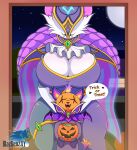  2022 anivia_(lol) anthro bewitching_anivia_(lol) bewitching_yuumi big_breasts black_body black_fur blazkenzxy breasts candy chiropteran cleavage clothed clothing dessert dialogue digital_drawing_(artwork) digital_media_(artwork) domestic_cat duo eyes_closed fangs felid feline felis female fire food fruit fur gem halloween hat headgear headwear hi_res holidays jewelry larger_female league_of_legends mammal multicolored_body multicolored_fur multicolored_tail obscured_eyes plant pumpkin pumpkin_head riot_games signature simple_background size_difference text thick_thighs trick_or_treat two_tone_body two_tone_fur video_games white_body white_fur wide_hips wings witch_hat yuumi_(lol) 