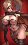  1girl bangs belt breasts brown_eyes brown_hair calling_card cape cleavage dyne_gallon earrings fire_emblem fire_emblem_fates fire_emblem_heroes gloves hair_over_one_eye highres jewelry kagero_(fire_emblem) large_breasts long_hair looking_at_viewer mask mature_female ninja official_alternate_costume ponytail red_ribbon ribbon simple_background skin_tight skindentation solo thief 