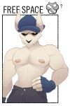  anthro biceps blue_clothing blue_gloves blue_handwear blue_hat blue_headwear bone clothing fingerless_gloves gloves glowing glowing_eyes hand_on_hip handwear hat headgear headwear horn looking_at_viewer male muscular muscular_anthro muscular_male nipples pale_skin pecs pink_nipples redeyedgazer shirtless shirtless_male skull skull_head solo tabi_(fnf) yellow_eyes 