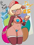  2022 3:4 5_fingers animal_humanoid anthro armwear artist_name beanie blonde_hair blonde_pubes blue_background blue_beanie blue_pasties border bottomless breastless_clothing breasts brown_armwear brown_clothing brown_legwear brown_stockings brown_topwear butt clothed clothing cuff_links detailed_background digital_media_(artwork) easter_egg egg english_text exposed_breasts eye_bags eyebrow_through_hair eyebrows female fingers floppy_ears front_view frown fur gradient_background grey_border hair hat headgear headwear heart_pasties hi_res holding_egg holding_object humanoid jyto lagomorph lagomorph_humanoid legwear leporid leporid_humanoid looking_at_viewer mammal mammal_humanoid medium_breasts moody_(bluebreed) navel necktie necktie_between_breasts one_eye_visible partially_clothed pasties pink_nose portrait pubes shaded short_tail simple_background skindentation solo stockings tan_body tan_fur text thick_thighs three-quarter_portrait three-quarter_view topwear translucent translucent_hair white_beanie white_eyes 