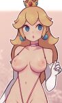  1girl bangs blonde_hair blue_eyes blush breasts crown earrings elbow_gloves english_commentary gloves jewelry lamb-oic029 large_breasts long_hair mario_(series) navel one-piece_swimsuit open_mouth parted_lips princess_peach slingshot_swimsuit swimsuit white_gloves 