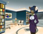  blue_hair book bottomwear breasts brown_body brown_fur chromatophore clothed clothing dewey_teagarden eyewear fur glasses green_eyes hair inside library mammal mouse murid murine nipple_outline rodent skirt story story_in_description 