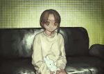  1girl asymmetrical_hair brown_eyes brown_hair couch hair_ornament hairclip highres holding holding_stuffed_toy iwakura_lain looking_at_viewer mltep712 serial_experiments_lain single_sidelock stuffed_animal stuffed_bunny stuffed_toy x_hair_ornament 