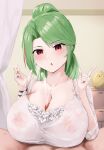  1boy 1girl :o absurdres azur_lane blush breasts camisole cleavage commission covered_nipples cum frilled_camisole frills green_hair hetero highres lace-trimmed_shirt lace_trim large_areolae large_breasts littorio_(azur_lane) littorio_(lounging_emerald)_(azur_lane) looking_at_viewer loungewear multicolored_hair official_alternate_costume open_mouth oza_osuwari paid_reward_available paizuri paizuri_under_clothes penis ponytail pov pov_crotch precum projectile_cum red_eyes see-through shirt skeb_commission solo_focus streaked_hair white_camisole white_shirt 
