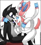  anthro bedroom_eyes black_border border canid chest_tuft duo eeveelution eye_contact feelers female fur generation_6_pokemon looking_at_another male male/female mammal narrowed_eyes nintendo pokemon pokemon_(species) pupils seductive smile sylveon tuft verona7881 video_games white_pupils 