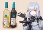  1girl absurdres bangs blush bottle braid breasts girls&#039;_frontline grey_hair hair_ornament highres looking_at_viewer martinreaction one_eye_closed open_mouth purple_eyes rpk-16_(girls&#039;_frontline) short_hair smile solo tactical_clothes upper_body wine_bottle yellow_background 