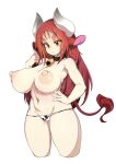  1girl absurdres animal_ears bell black_choker breasts choker commentary cow_ears cow_girl cow_horns cow_tail english_commentary hand_on_hip highres horns large_breasts long_hair mole mole_on_breast navel neck_bell nipples orange_eyes original red_hair simple_background slugbox solo sweat tail thick_eyebrows white_background white_horns 