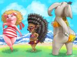  anthro ash_(sing) beach bikini clothing domestic_pig elephantid eyewear female footwear group hat headgear headwear illumination_entertainment looking_at_viewer looking_back mammal meena_(sing) outside porcupine proboscidean rodent rosita_(sing) sandals seaside sing_(movie) straw_hat sugaraptor suid suina sunglasses sus_(pig) swimwear trio wave 