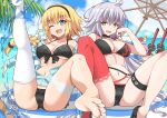  2girls ahoge annoyed barefoot beach_chair beach_umbrella bikini blonde_hair blue_eyes blue_sky breasts cloud cloudy_sky day fate/grand_order fate_(series) feet full_body grey_hair hand_on_own_cheek hand_on_own_face headband highres jacket jeanne_d&#039;arc_(fate) jeanne_d&#039;arc_(swimsuit_archer)_(fate) jeanne_d&#039;arc_alter_(fate) jeanne_d&#039;arc_alter_(swimsuit_berserker)_(fate) katana leg_up legs multiple_girls no_shoes one_eye_closed open_clothes open_jacket open_mouth outdoors partially_unzipped single_thighhigh sitting sky smile soles spread_legs swimsuit sword teeth thigh_strap thighhighs thighs toes tree umbrella upper_teeth water weapon white_thighhighs xiafuizui yellow_eyes 