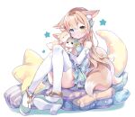  1girl amimi animal_ear_fluff animal_ears bangs blue_eyes blue_flower commission crescent dot_nose elbow_gloves flower fox_ears fox_girl fox_tail garter_belt gloves heterochromia highres holding holding_stuffed_toy light_brown_hair long_hair looking_at_viewer multiple_tails original parted_lips pillow platform_footwear platform_heels polka_dot_pillow simple_background sitting sitting_on_pillow skeb_commission solo star_(symbol) star_pillow striped_pillow stuffed_fox stuffed_toy tail thighhighs thighs white_background white_gloves white_thighhighs yellow_eyes 