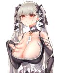  1girl azur_lane between_breasts black_dress black_nails breasts cleavage dress formidable_(azur_lane) frilled_dress frills grey_hair hand_on_own_chest highres huge_breasts long_hair looking_at_viewer nail_polish necktie necktie_between_breasts osdosdosd red_eyes ribbon simple_background solo twintails two-tone_ribbon upper_body very_long_hair white_background white_dress 