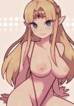  1girl alternate_costume bangs blonde_hair blue_eyes breasts crown english_commentary lamb-oic029 large_breasts long_hair looking_at_viewer navel pointy_ears princess_zelda slingshot_swimsuit smile solo swimsuit the_legend_of_zelda 