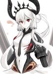  1girl absurdres abyssal_ship bangs black_horns breasts colored_skin commentary_request eyeball_hair_ornament fast_light_carrier_water_demon hair_between_eyes hair_ornament highres horns kantai_collection long_hair medium_breasts mizuchi_(mizuchi7118) navel pale_skin pointy_ears red_eyes short_hair_with_long_locks simple_background solo tiara very_long_hair white_background white_hair white_skin 