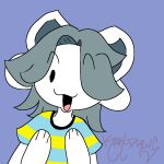  1:1 black_eyes canid canine clothed clothing domestic_cat felid feline felis female feral flat_colors fur hair karldraws mammal simple_background simple_eyes smile solo temmie_(undertale) undertale undertale_(series) video_games white_body 