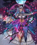  1girl absurdres bangs blue_hair bodystocking breasts cleavage cloud curled_horns dress fire_emblem fire_emblem_heroes flower freyja_(fire_emblem) full_moon goat_horns hair_ornament highres horns large_breasts long_hair looking_at_viewer magic_circle moon multicolored_hair n_ah_n night night_sky petals red_eyes red_horns sky solo thorns white_hair 