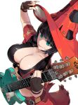  1girl aqua_eyes black_gloves black_hair bob_cut breasts cleavage closed_mouth collarbone crop_top electric_guitar gloves guilty_gear guilty_gear_strive guitar hat highres holding holding_instrument i-no instrument large_breasts midriff mole mole_above_mouth mole_under_eye nae3na shaded_face short_hair simple_background smile solo white_background witch witch_hat 