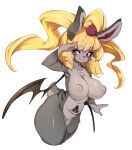  1girl absurdres animal_ears animal_nose bat_wings blonde_hair body_fur breasts closed_mouth commentary completely_nude english_commentary furry furry_female grey_fur highres inverted_nipples large_breasts medium_hair nude original purple_eyes rabbit_ears rabbit_tail simple_background slugbox smile snout solo stomach_tattoo tail tattoo two-tone_fur white_background wings 