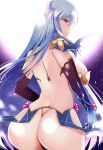 1girl armlet armor ass back bangs bikini_armor blue_hair blush breasts earrings fate/grand_order fate_(series) flower hair_ribbon highres jewelry kama_(fate) kama_(third_ascension)_(fate) kankitsu_kei large_breasts long_hair looking_at_viewer looking_back lotus multicolored_hair red_eyes ribbon smile solo thighs two-tone_hair white_hair 