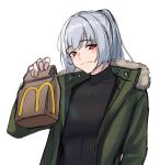  1girl 3_small_spiders bag bangs black_bodysuit blush bodysuit closed_mouth commentary fur-trimmed_jacket fur_trim green_jacket highres holding holding_bag jacket long_hair long_sleeves looking_at_viewer mcdonald&#039;s mole mole_under_eye open_clothes open_jacket original ponytail red_eyes scar scar_across_eye smile solo turtleneck upper_body white_background white_hair 