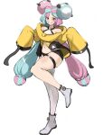  aqua_hair bow-shaped_hair character_hair_ornament full_body hair_ornament highres iono_(pokemon) jacket oversized_clothes pokemon pokemon_(game) pokemon_sv rakeemspoon sharp_teeth shirt simple_background single_leg_pantyhose sleeveless sleeveless_shirt sleeves_past_fingers sleeves_past_wrists solo stomach teeth thigh_strap white_background yellow_jacket 