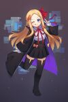  1girl abigail_williams_(fate) bangs bb_(fate) bb_(fate/extra) bb_(fate/extra)_(cosplay) black_coat black_skirt black_thighhighs blonde_hair blue_eyes blush bow breasts coat collared_shirt cosplay fate/extra fate/extra_ccc fate/grand_order fate_(series) forehead full_body gloves hair_bow high-waist_skirt highres long_hair long_sleeves looking_at_viewer miya_(miyaruta) neck_ribbon one_eye_closed open_clothes open_coat orange_bow parted_bangs popped_collar ribbon shirt skirt small_breasts smile solo thighhighs tongue tongue_out v white_gloves white_shirt wide_sleeves 