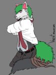  anthro beard bottomwear canid canine canis clothing facial_hair green male mammal necktie pants piercing solo suit vincent_wolfs wolf 