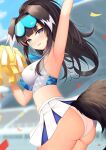  1girl abeen_jhong absurdres animal_ears arm_up armpits ass bangs black_hair blue_archive blue_eyes blunt_bangs blurry blurry_background breasts cheerleader confetti crop_top dog_ears dog_girl dog_tail facial_mark from_side hibiki_(blue_archive) highres long_hair looking_at_viewer looking_to_the_side medium_breasts midriff miniskirt navel outdoors panties parted_lips paw_print pleated_skirt pom_pom_(cheerleading) skirt solo star_(symbol) star_facial_mark tail underwear wavy_mouth white_panties 