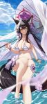  1girl a.h. absurdres animal_ears bikini black_hair blue_archive blue_sky blurry blush bracelet breasts cloud commentary day depth_of_field flower fox_ears fox_tail halo highres holding jewelry large_breasts long_hair looking_at_viewer ocean official_alternate_costume outdoors parasol purple_bikini revision sky solo sweat swimsuit tail umbrella wakamo_(blue_archive) wakamo_(swimsuit)_(blue_archive) yellow_eyes 