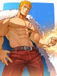  1boy abs bara belt black_belt blonde_hair blue_cape cape chest_tattoo closed_mouth electricity facial_mark fairy_tail fur-trimmed_cape fur_trim hidora_art highres large_pectorals laxus_dreyar male_focus muscular muscular_male navel nipples pants pectorals red_pants short_hair sideburns solo sweat tattoo topless_male 